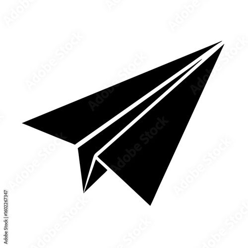 A simple black paper airplane soars above a clean white background