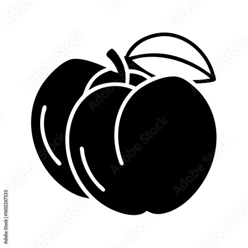 A Black and White Still Life Depicting Two Peaches with Leaves