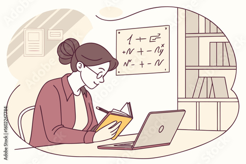 Student studies mathematics at a desk while taking notes in a notebook with a laptop nearby, surrounded by books in a quiet study space