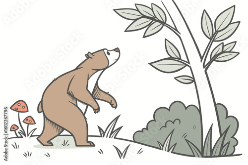Bear exploring forest surroundings during daytime, admiring tree and nearby plants with mushrooms in a tranquil natural setting