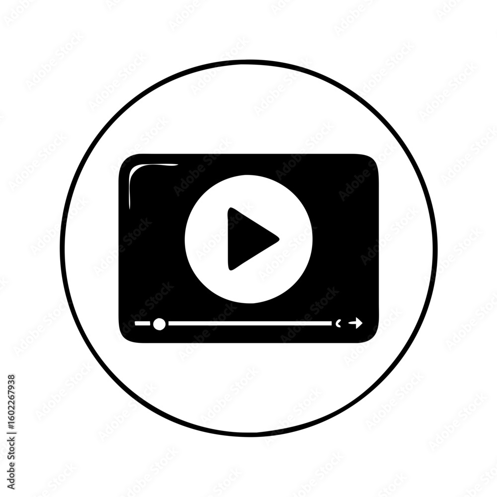 Black and white video player icon inside a circle shape outline Black and white video player icon inside a circle shape outline