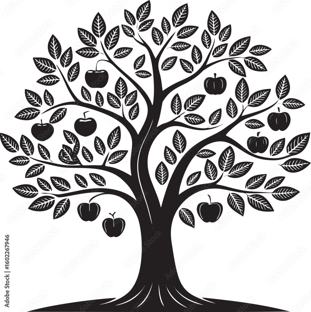Obraz premium Black apple tree with fruit and leaves branches black and white
