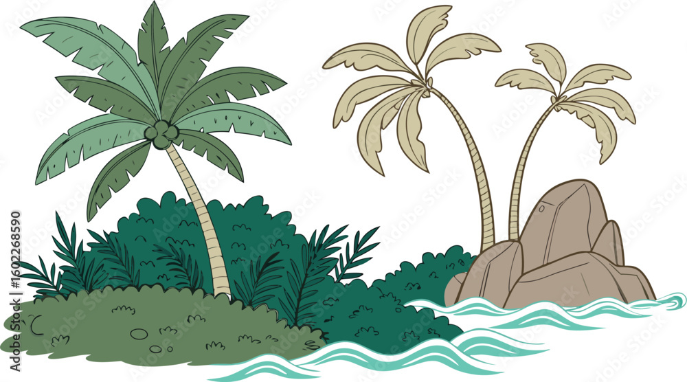 Obraz premium Tropical island with palm trees and rocks beach ocean