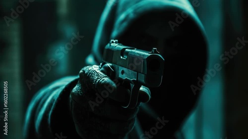 Male pointing gun at camera in dark setting.
