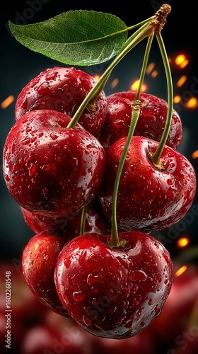 A bunch of cherries with water droplets on them