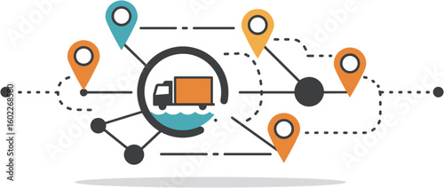 Delivery truck route with location pins network illustration