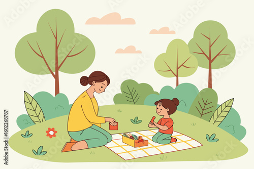 Mother and daughter enjoying a playful afternoon together on a picnic blanket surrounded by trees and greenery in a sunny park setting