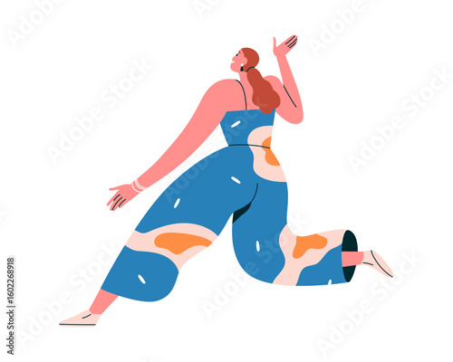 Happy woman dancing with joy. Female character in dynamic pose from behind, smiling at disco party, celebrating. Cheerful movement, energy. Flat vector illustration isolated on white background