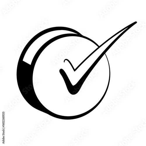 Monochrome Illustration of a Tick Mark in a Round Circle with Shadow