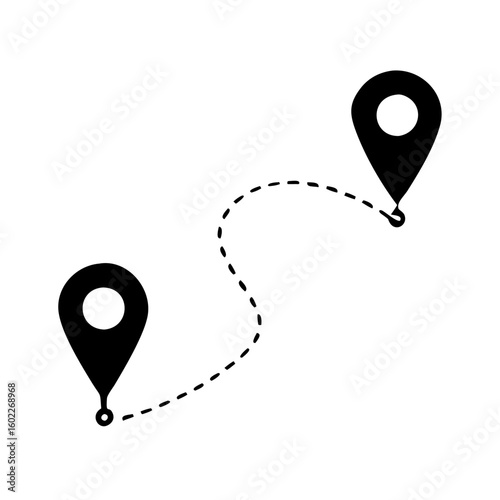 Route between two locations illustrated by dashed lines and map markers
