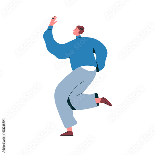 Man dancing with happy positive energy, back view. Joyful excited cheerful sm...