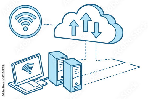 Representation of cloud computing with wireless connectivity, showing data transfer processes between devices and the cloud system
