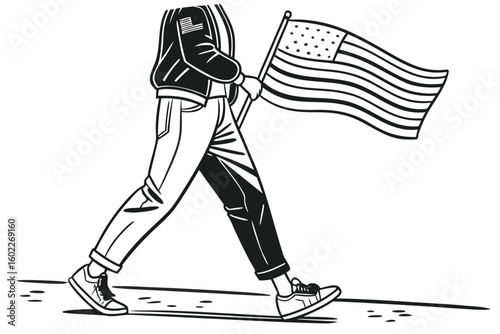 Person walking with an American flag during a celebration on a sunny day in the park, symbolizing patriotism and national pride among attendees
