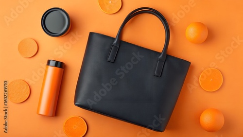 Stylish black tote bag with orange slices and thermos on orange background
