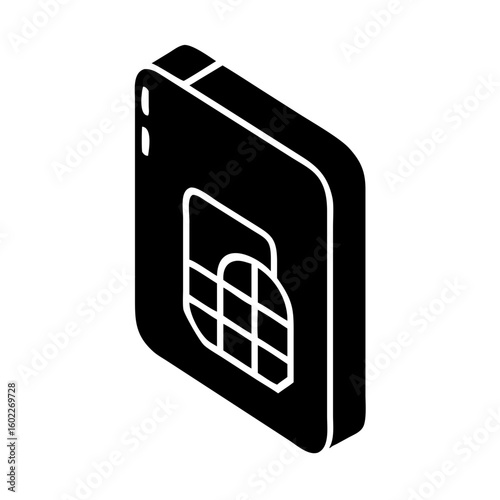 Isometric view of a black SIM card for mobile phone network
