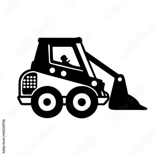 Illustration of a black and white cartoon skid steer loader with driver