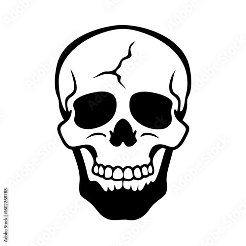Black and white skull illustration with crack on cranium surface