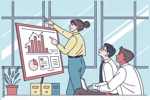 Team engages in a collaborative business discussion while reviewing projected growth charts in a modern office environment during the afternoon