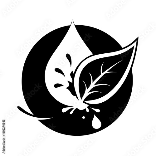 Water Drop and Leaf Synergy Symbol in Black and White Design