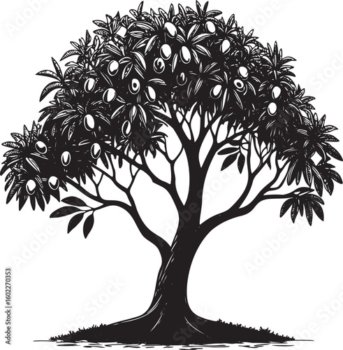Black fruit bearing tree with leafy branches leaves