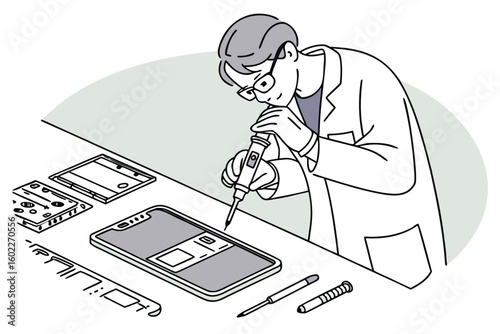 Technician repairing smartphone components with precision tools in a workshop while focusing on a circuit board