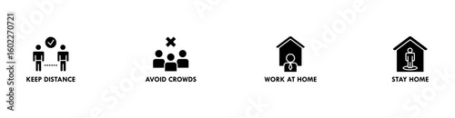 Social distancing banner web icon vector illustration concept with icon of keep distance, avoid crowds, work at home and stay home