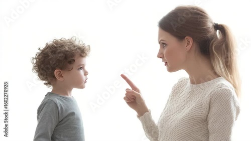 Angry mother and toddler pointing fingers in intense argument
