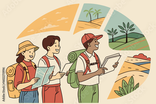 Group of friends exploring nature while studying maps and planning their outdoor adventure on a sunny day in a vibrant landscape