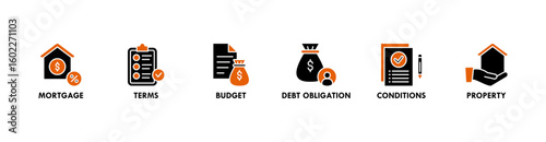 Refinance banner web icon vector illustration concept with icon of mortgage, terms, budget, debt obligation, conditions and property