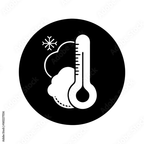 Simple winter weather icon of thermometer snowflake and snow cloud in black and white