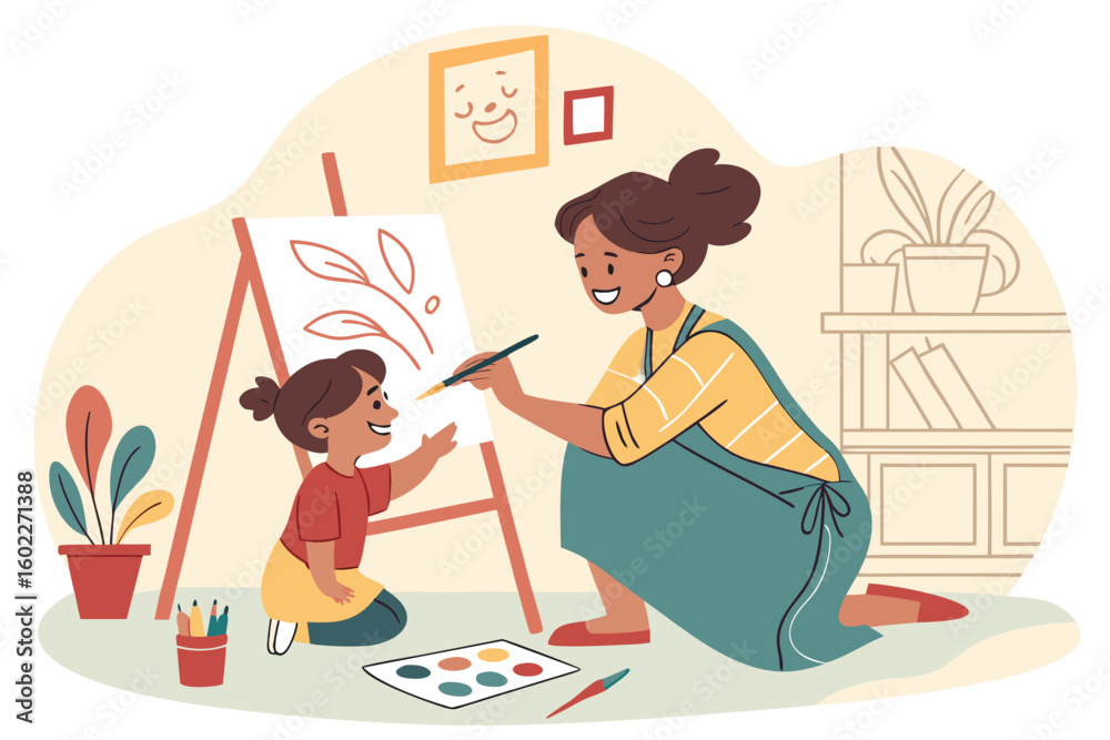 Fototapeta premium Creative moment between mother and daughter as they enjoy painting together in a cozy indoor space filled with plants and colorful art supplies