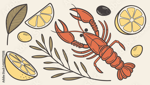 Illustration of a crawfish with lemon slices olives and a leaf on a light background image style