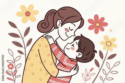 Heartwarming embrace between mother and child surrounded by colorful flowers in a cheerful setting capturing love and connection