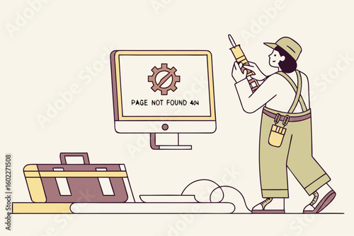 Illustration of a worker troubleshooting a technical issue with a computer displaying a 404 error message and tools nearby in a simplified workspace environment