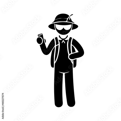 Icon of a stylish tourist with hat, camera, and backpack vector