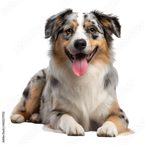 Happy Australian Shepherd dog with blue merle coat laying comfortably and  tongue out and relaxed posture and  isolated white background Batch  realistic clean bright simple modern stock image isolate