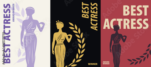 Best actress poster pack. Vector illustration collection with a female award for film acting, for postcard, print, presentation, nomination, brochure in retro, vintage style
