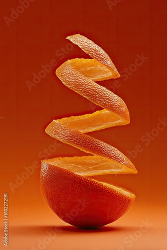 A spiraling orange peel elegantly rises from a halved orange against a warm, burnt-orange backdrop.  The peel's texture and the interplay of light and shadow are vividly showcased