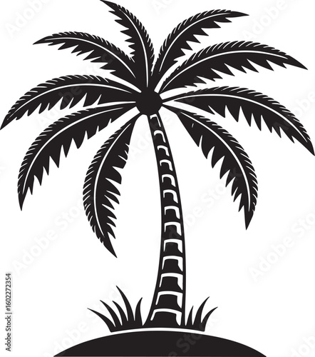 Black palm tree with green grass tropical silhouette