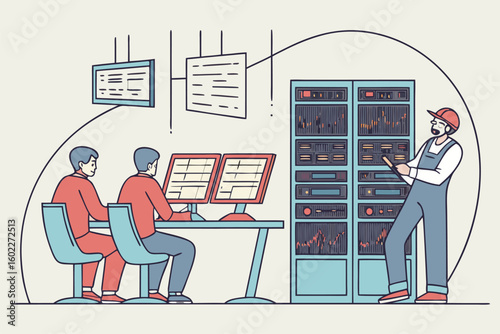 Technicians managing data servers in a modern technology workspace during daytime operations