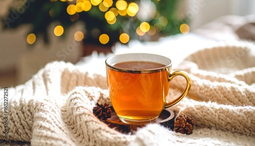 Aromatic tea ritual on a chilly evening, embraced by a cozy knitted blanket