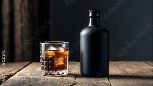 Whiskey on the rocks with black bottle on rustic wooden surface