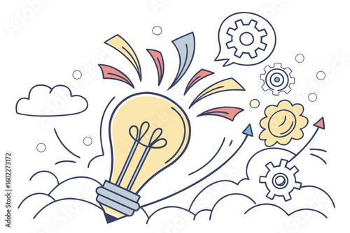 Creative brainstorming process featuring a light bulb surrounded by gears, charts, and colorful elements representing ideas and innovation