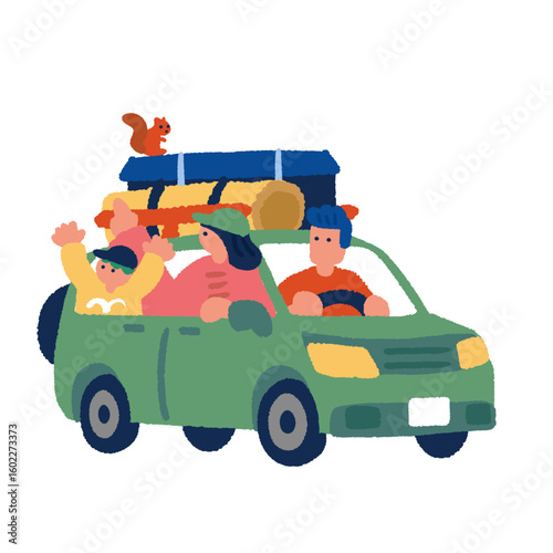 車でキャンプに行く人々の手描きイラスト