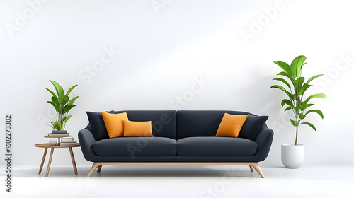 Modern interior design of apartment. Cozy living room with blue sofa, coffee tables