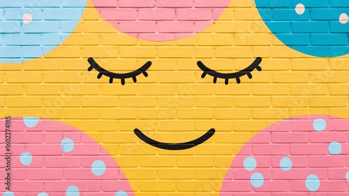 Smiling Face Painted on a Colorful Brick Wall Happy and Cheerful