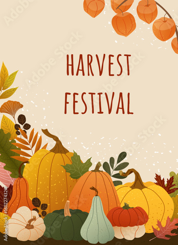 Vector autumn greeting card with pumpkins, leaves and physalis. Warm colors, textured flat style and cozy fall feeling. Thanksgiving card, harvest festival design, seasonal banner, poster or postcard
