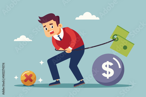 Person struggling while pulling a heavy load of money with a red x marking a negative financial situation in a light blue background