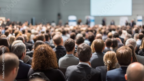 Large audience attending conference with focus on back of heads