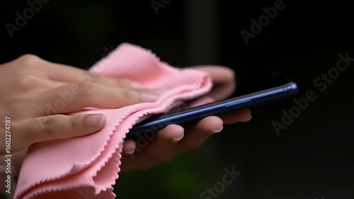 Close Up of Hands Cleaning a Mobile Phone Screen with Pink Cloth for Hygiene and Maintenance Against Blurred Background